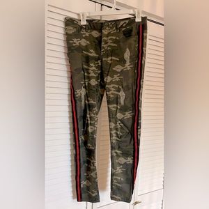 Camo pants with red and black side stripe